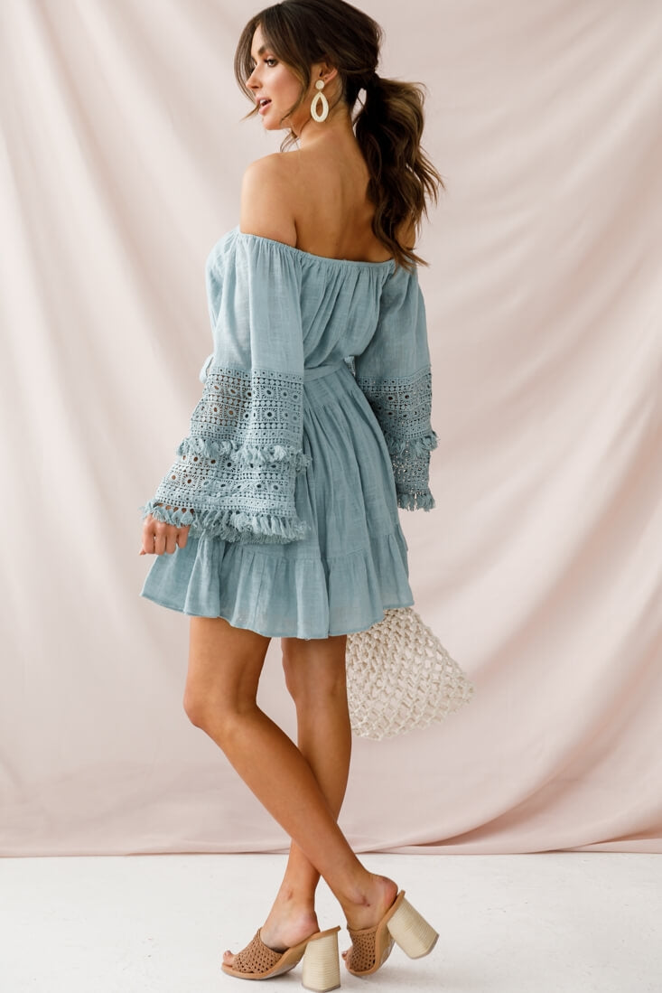 Mona Off-Shoulder Embellished Sleeve Dress Sage