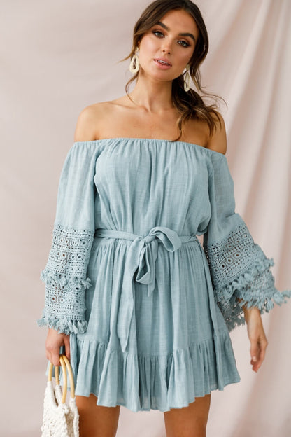 Mona Off-Shoulder Embellished Sleeve Dress Sage