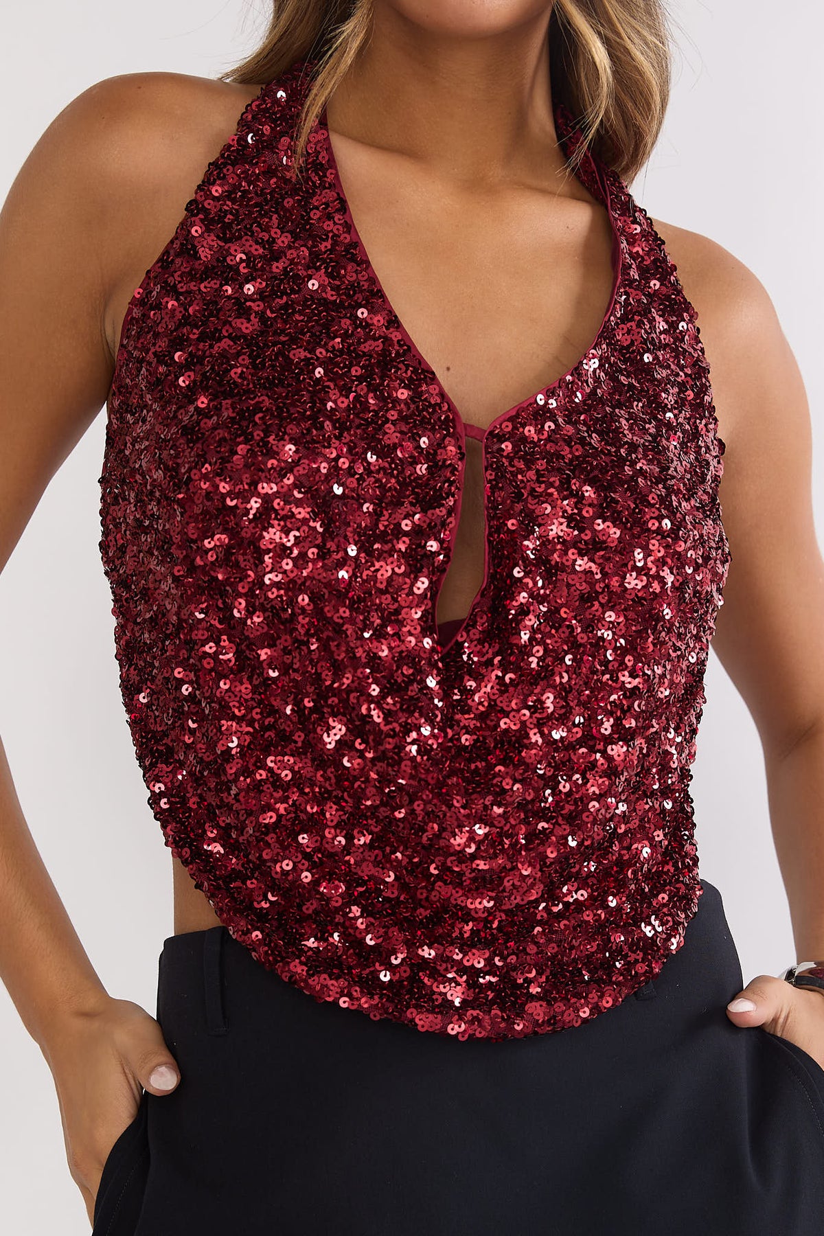 Marquess Backless Halter Top Sequin Cherry