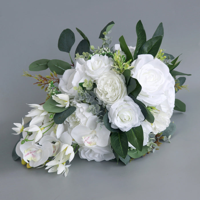 Bulk 11" White Rose and Orchid Cascading Bridal Bouquet Wedding Bouquet Wholesale
