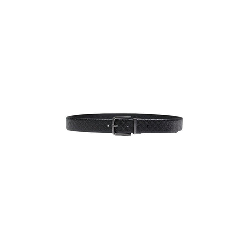 Image 1 : Ceinture Calvin Klein homme en cuir noir embossé motif géométrique avec boucle métal anthracite, vue de face enroulée — Delvale
