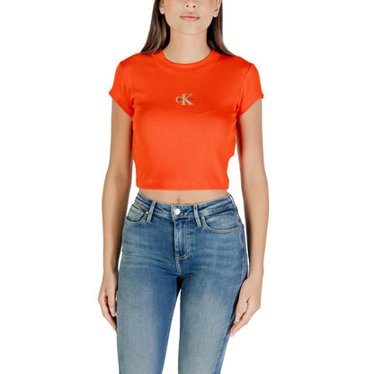 Image 1 : Top rouge Calvin Klein Jeans femme manches courtes col rond vue de face — delvale