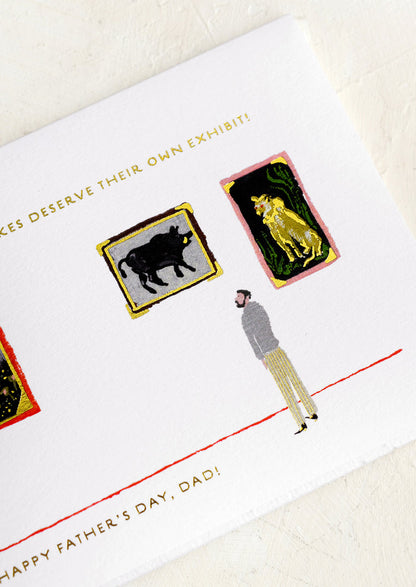 A card with image of man at museum, text reads "Your Dad Jokes Deserve Their Own Exhibit! Happy Father's Day".