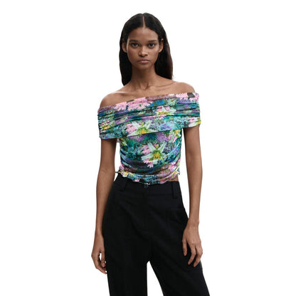 Image 1 : Top Desigual femme bleu azur à motif floral avec encolure bateau et manches courtes — Delvale