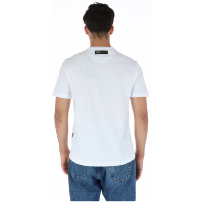 Image 2 : Vue de face du t-shirt Plein Sport blanc à col rond, manches courtes, avec motif tigre stylisé en bleu — Delvale