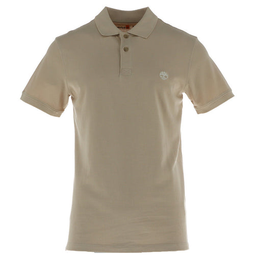 Image 1 : Polo homme Timberland piqué beige, vue de face, col polo 3 boutons et logo arbre brodé poitrine gauche — Delvale
