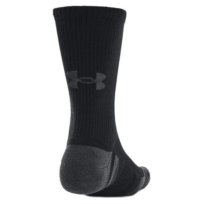 Image 2 : Détail de la tige côtelée et du logo Under Armour sur les chaussettes crew noires pour homme, vue latérale — Delvale