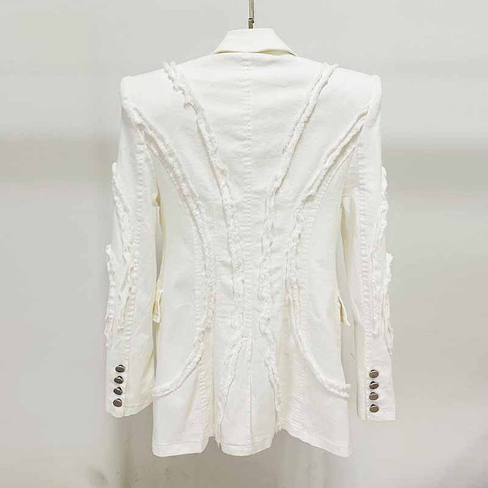 Women White Denim Pantsuits Thickened Shoulder Pad with Tassels Jacket, Jeans Suit